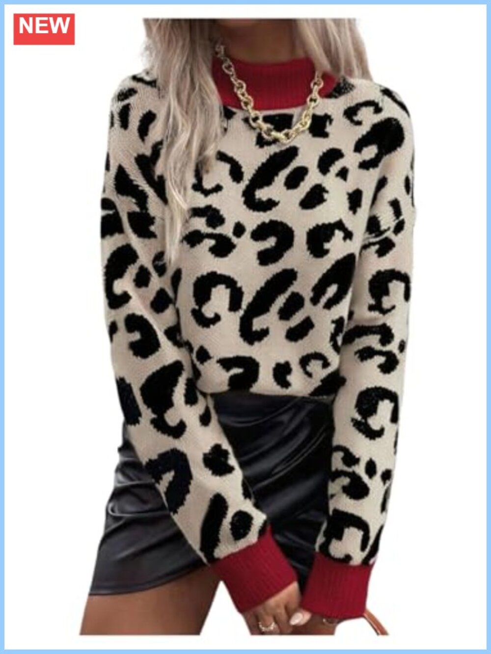 Leopard Cheetah Mock Neck Long Sleeve Pullover Sweater